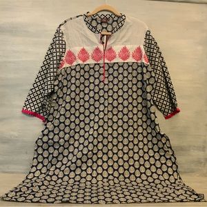 alto Moda Tunic Dress Navy Blue Hot Pink Leaf Print 3/4 sleeve‎  New with Tags